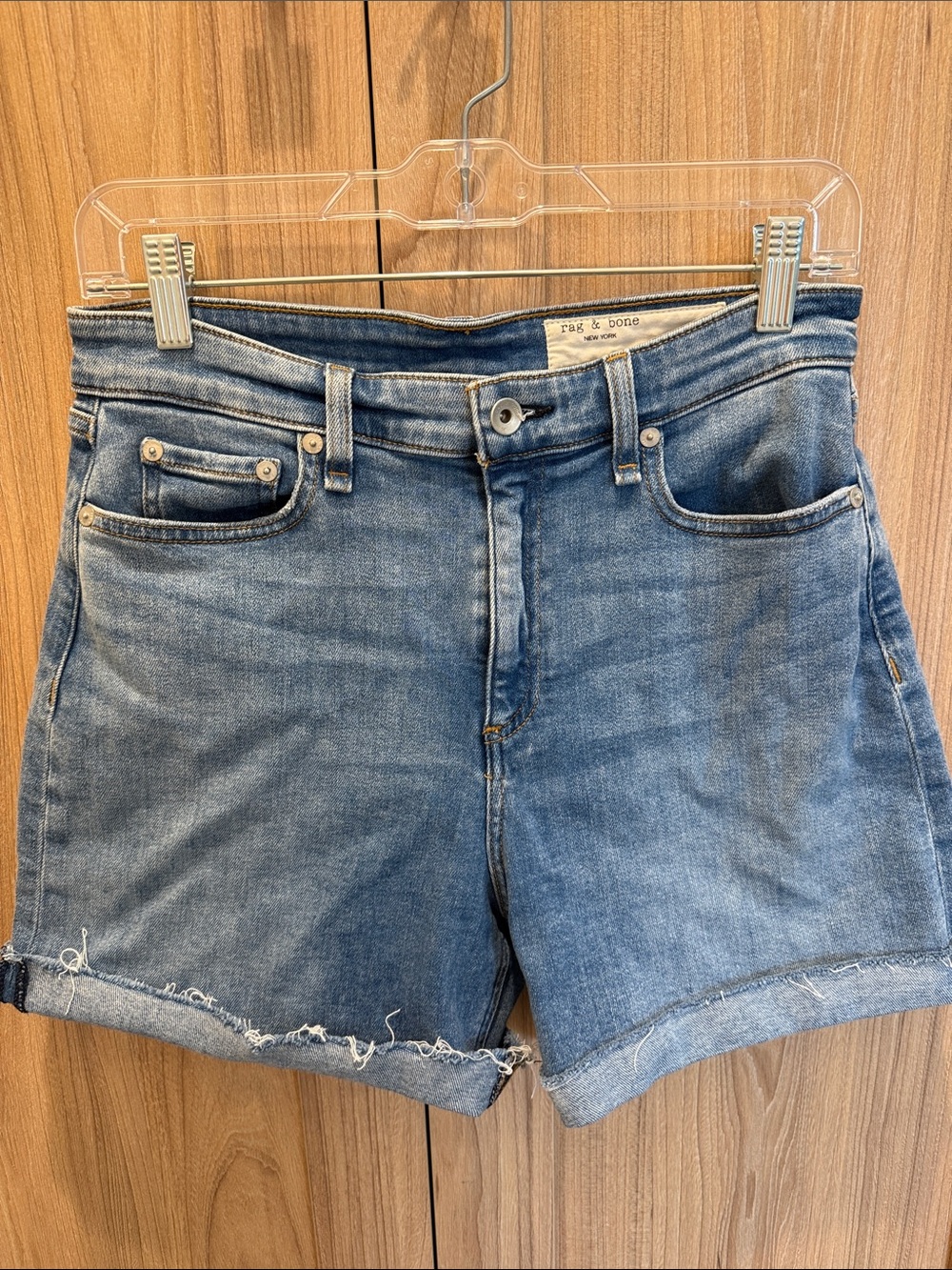rag & bone Medium Blue High-Rise Rolled Hem Denim Shorts in Harper